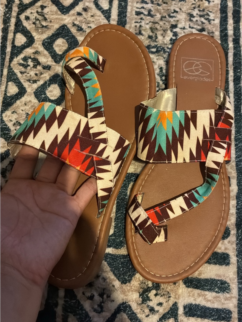 Women's Brown Sandals with Turquoise & Orange Aztec Strap
